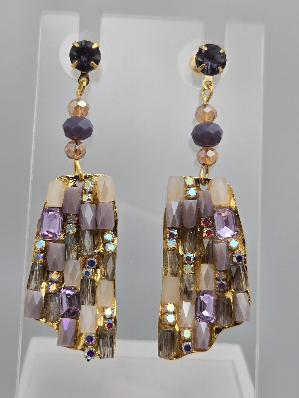 Boho Fringe Beaded Statement Earrings Lavender Blush Faceted Crystal 2.25"